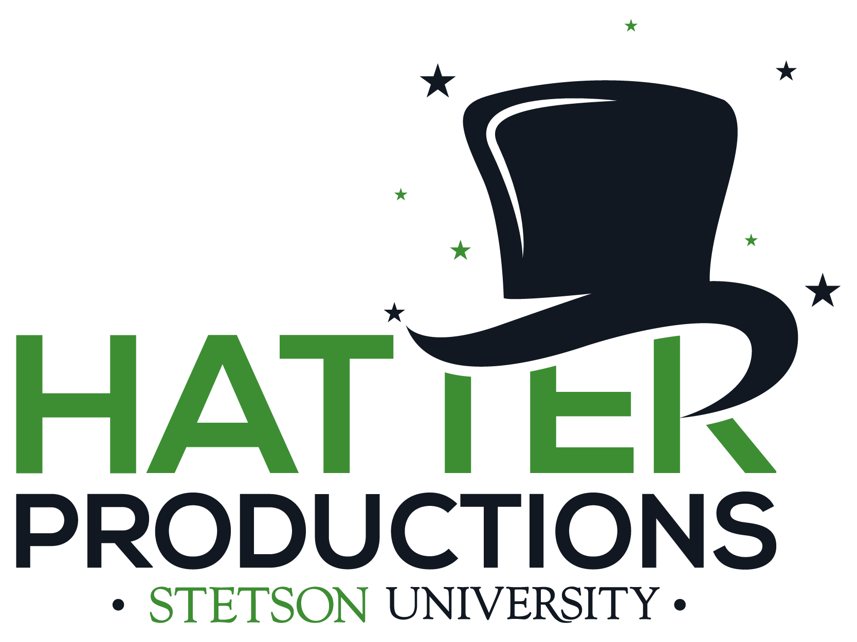 Graphic logo for HATTER PRODUCTIONS featuring bold letters, a stylized green hat and stars